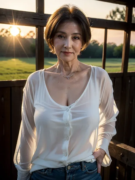 (masterpiece:1.4),(mature woman : 1), (old woman : 1), (((Beautiful 67 year old woman:1.5))),(Facial wrinkles : 1.2),(half-dressed white sheer linen shirt with front open : 1.2), jeans, blanket, simple necklace, (plump body : 1.1), extremely white skin, po...