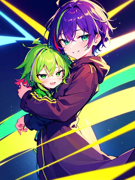 [(GALAXY SUMMER BACKGROUND:1.5),::5], ((((masterpiece)))), high quality, ultra very high resolution, full color, (((solo))), ((little boy)), Purple hair, ((Green streaked hair)), (Green eyes), anime, ((upper body)), neon light, black parka, smile