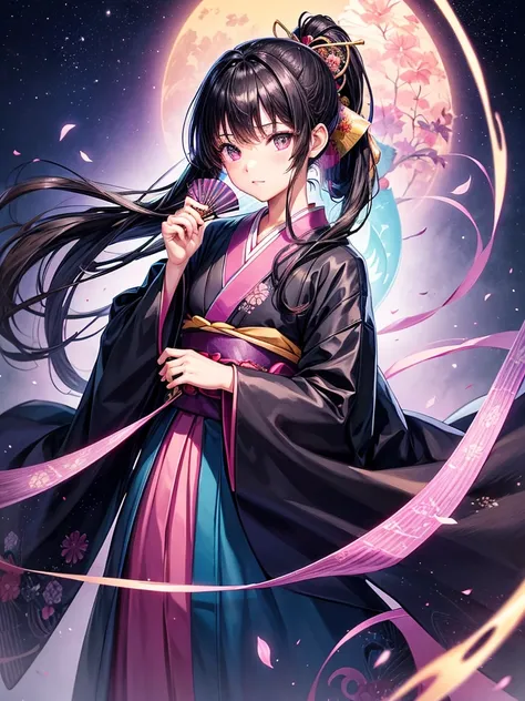 Anime illustration、masterpiece、high quality、14 year old girl、Long straight black hair、Ponytail ribbon tie、Wear a kimono long-sleeved kimono、The pattern is morning glory blue、pink、purple、Hold a fan、It&#39;s summer、In the background, fireflies flutter among ...