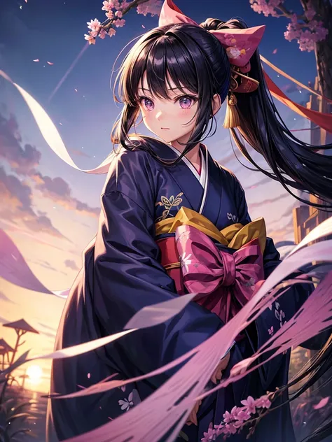 Anime illustration、masterpiece、high quality、14 year old girl、Long straight black hair、Ponytail ribbon tie、Wear a kimono long-sleeved kimono、The pattern is morning glory blue、pink、purple、Hold a fan、It&#39;s summer、In the background, fireflies flutter among ...