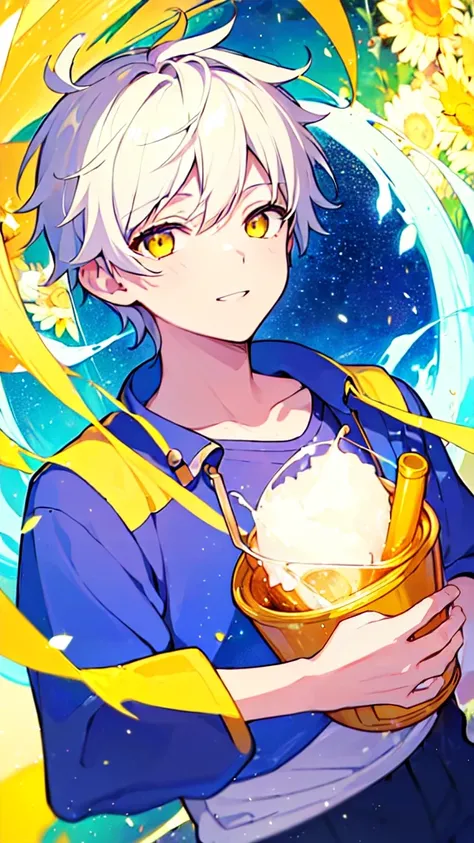 [(GALAXY BACKGROUND:1.5),::5], ((((masterpiece)))), high quality, very_high_resolution, large_filesize, upper body, full color, ((Solo)), ((little boy)), 13 old year, mens short white hair, vivid color, ((yellow eye)), Summer clothes white, animestyle, lig...