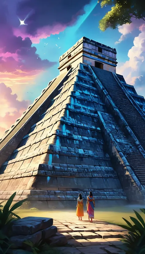 card "Pyramid of Kukulkan": Description: Majestic pyramid, towering in the center of the Lost City of Chichen Itza. Explore its secret passages and find ancient artifacts. Peculiarities: Hidden Traps, ancient inscriptions, mystical rituals., digital painti...