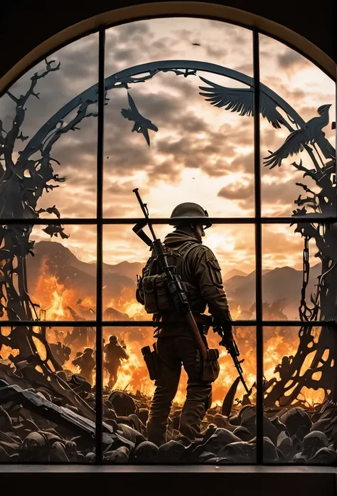 stained glas window art with the depiction of a lone man standing on a battle field surrounded by fallen men, call of duty style, ultra realistic, 4K