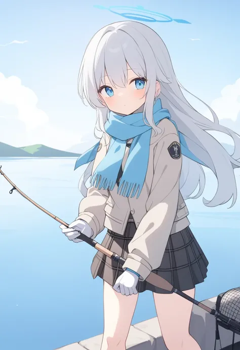 girl，Silver long hair, blue eyes, Wearing brown mountaineering clothes,A sky blue scarf, White gloves, And black plaid skirt, sentado em frente a um lago，fishing with fishing rod, blue halo，Fisherman&#39;s hat，Wear your hat，Gray wolf ears，gazing at the wat...