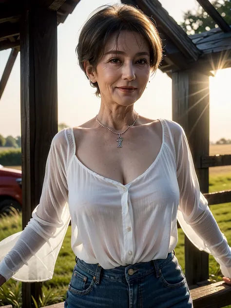 (masterpiece:1.4),(mature woman : 1), (old woman : 1), (((Beautiful 67 year old woman:1.5))),(Facial wrinkles : 1.2),(half-dressed white sheer linen shirt with front open : 1.2), (nipples are see-through : 1), jeans, blanket, simple necklace, (plump body :...