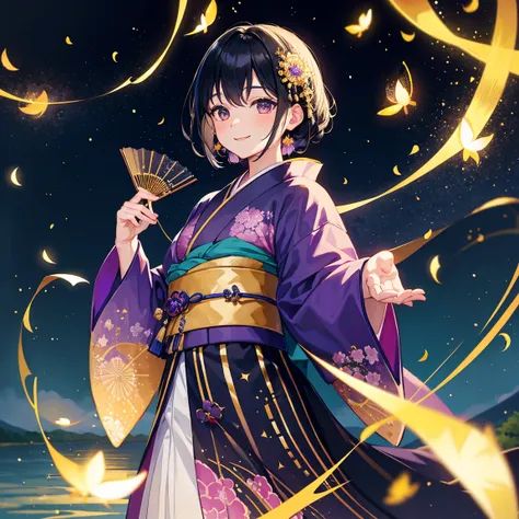 black hair、golden eye、beautiful、juvenile、fireflies fly around、Black and purple firefly and moon pattern wearing kimono、Holding a folding fan、male、smiling、Near the river 