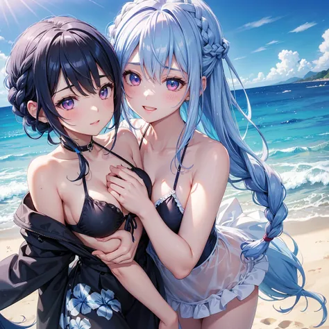 (Sky blue medium hair),(Braided hair tied together)、Pink eyes、Fair skin、(whole body)、(One Girl)、Black Swimsuit、Small breasts、Stylish sunglasses、Shining white sand beach in midsummer、Hawaiian Ocean、A big smile、、(masterpiece、Highest quality、Very detailed、Bes...