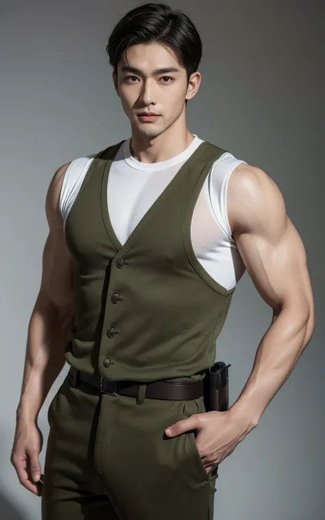 Ultra HD resolution，High-resolution details，1 handsome Korean man，23-year-old handsome soldier，Wearing military uniform,  Resolute Soldier, Wear a white vest， majestic，Handsome Korean muscular man，Broad shoulders and narrow waist，A man in camouflage unifor...