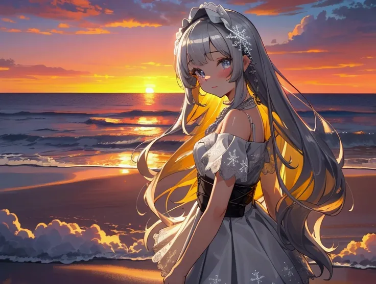 ((masterpiece, extremely high quality)),((4k, detailed beautiful cute eyes)),((cinematic view, middle view camera, highly detailed sunset, highly detailed colors, highly detailed clouds, depth of view)),1girl standing at a beach side with arms at her back,...