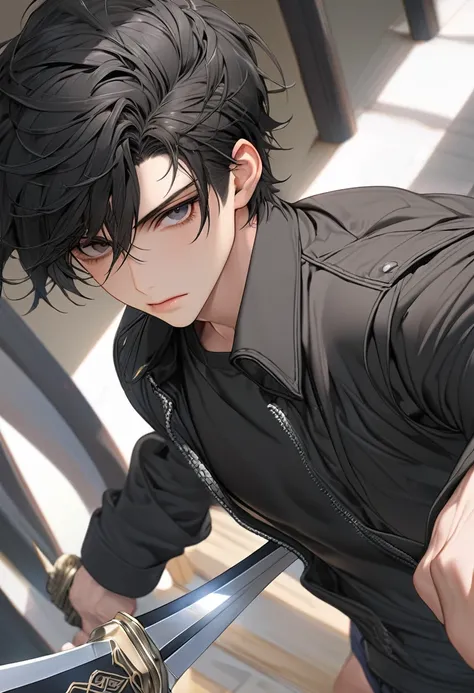 A highschool boy, handsome, perfect body, black hair, short hair, mullet, black eyes, upturned eyes, expressionless, black jacket, anime, first-person view, masterpiece, anatomically correct, high details, highres, best quality, super detail, sword master