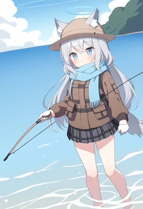 girl，Silver long hair, blue eyes, Wearing brown mountaineering clothes,A sky blue scarf, White gloves, And black plaid skirt, sentado em frente a um lago，fishing with fishing rod, blue halo，Wear your hat，Gray wolf ears，gazing at the water