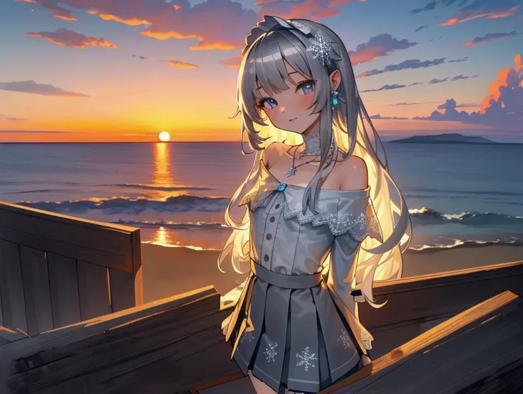 ((masterpiece, extremely high quality)),((4k, detailed beautiful cute eyes)),((cinematic view, middle view camera, highly detailed sunset, highly detailed colors, highly detailed clouds, depth of view)),1girl standing at a beach side, arms stayed on her ba...