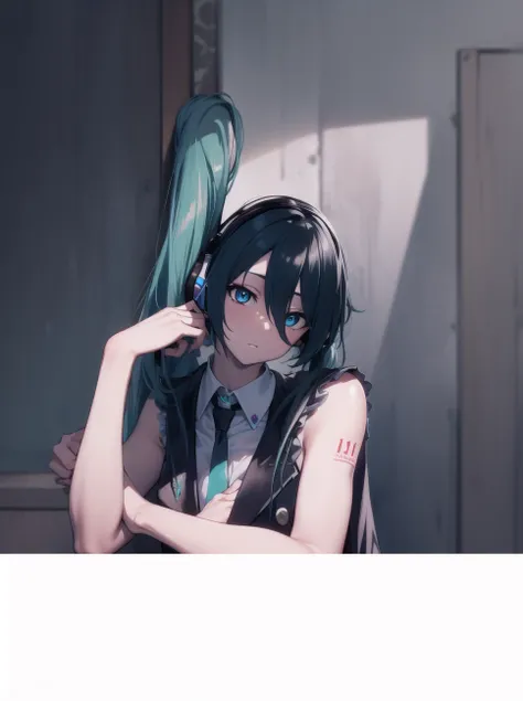 hatsunemiku, miku hatsune, ahoge, aqua eyes, aqua hair, crossed bangs, hair between eyes, hair ornament, headphones, long hair, twintails,
BREAK aqua necktie, black footwear, black skirt, black sleeves, boots, collared shirt, detached sleeves, grey shirt, ...