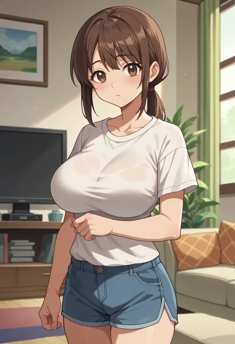 score_8_up, score_7_up, source_anime, anime screencap, 1female, brown hair, brown eyes, low ponytail, large breast, living room 