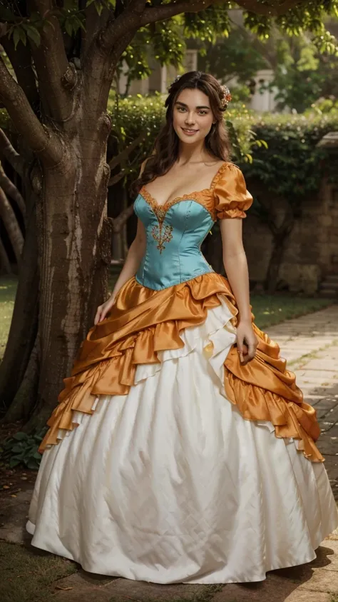 Masterpiece, absurdres, fine detail, HDR, highly detailed face and eyes, photorealistic, smiling, open mouth excited,ballgown, keira knightley in a orange and white silk dress standing in front of a tree , wearing a ballgown,big breasts, detailed face, lon...