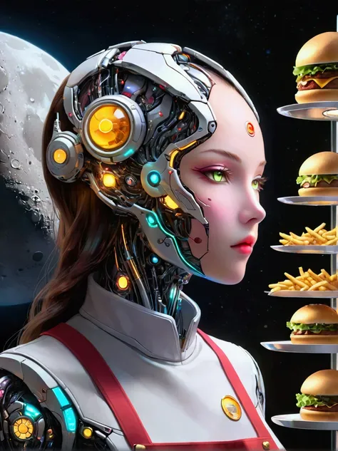 Best quality，8K，high resolution，masterpiece，Ultra Detailed，lifelike，Photorealism，future world，(Vision:1.5)，(A luxurious fast food restaurant on the moon:1.2), (Cyborg female employee:1.5)，(apron)，(Fast food restaurant staff uniforms:1.3)，Transparent Mecha，...