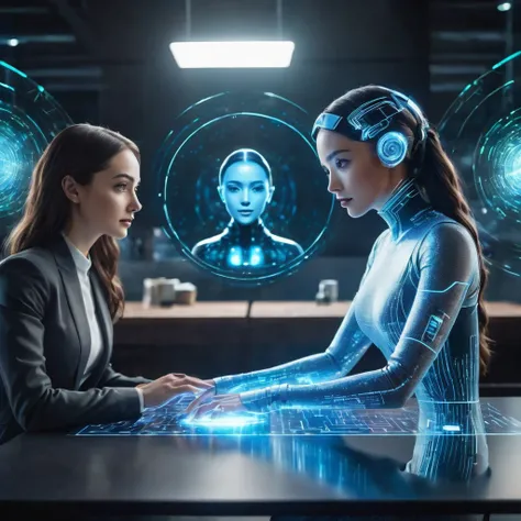 beautiful woman sitting at a table with a hologram girl in front of her, endless collaboration with ai, ai producing the realist, the coming ai singularity, data holograms, strong artificial intelligence, ai researcher, artificial intelligence, computers a...