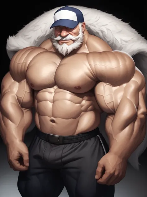 huge muscular old man , black background , wearing baseball hat, happy, white hair, white beards,  masterpiece, semirealistic:1.2, high detailed, 8k, high resolution, perfect center, full view. ((sixpack, thick arms, wide pectoral, huge arms, huge pectoral...