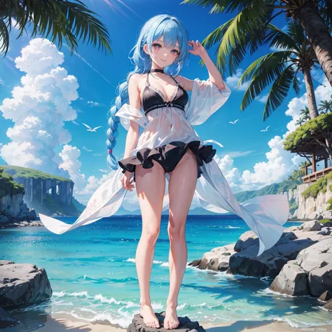 (Sky blue medium hair),(Braided hair tied together)、Pink eyes、Fair skin、(whole body)、(One Girl)、Black Swimsuit、Stylish sunglasses、Shining white sand beach in midsummer、Hawaiian Ocean、A big smile、、(masterpiece、Highest quality、Very detailed、Best Shadow)、(Det...