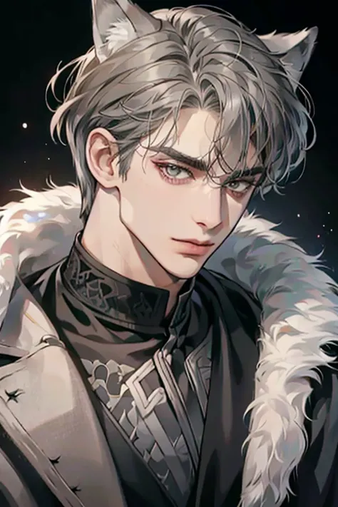 1male, sly, age 30 face, medium fully hair with bangs, grey hair, brown colored eyes, poor looking, black clothes, in a mansion, close up, wolf ears, wolf tail, baggy clothes