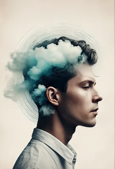 Surreal composition，one person&#39;The head becomes a complex signal receiver，White mist drifting，Retro photo album cover，Realistic minimalist blurred style，