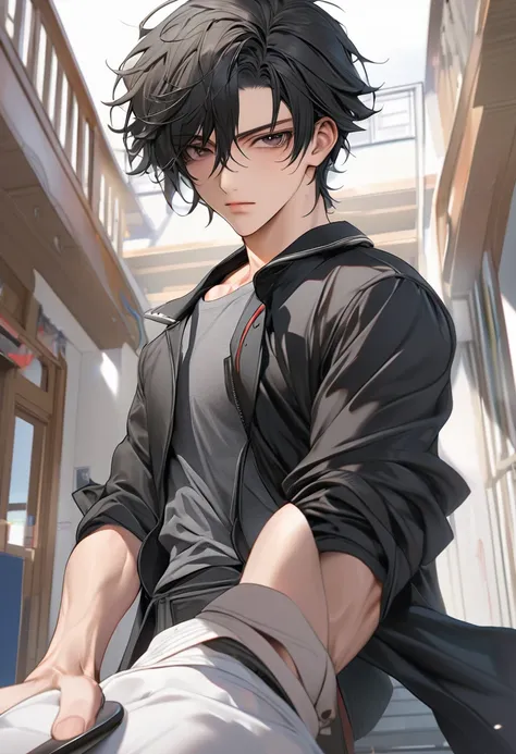 A highschool boy, handsome, perfect body, black hair, short hair, mullet, black eyes, upturned eyes, expressionless, black jacket, anime, first-person view, masterpiece, anatomically correct, high details, highres, best quality, super detail, sword master