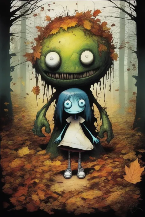 2D, monster, creepy,,  (style of Skottie Young:1.3) 
(masterpiece,best quality:1.5),
Grunge clothing, Meadow,autumn, Mayuri (Steins;Gate)