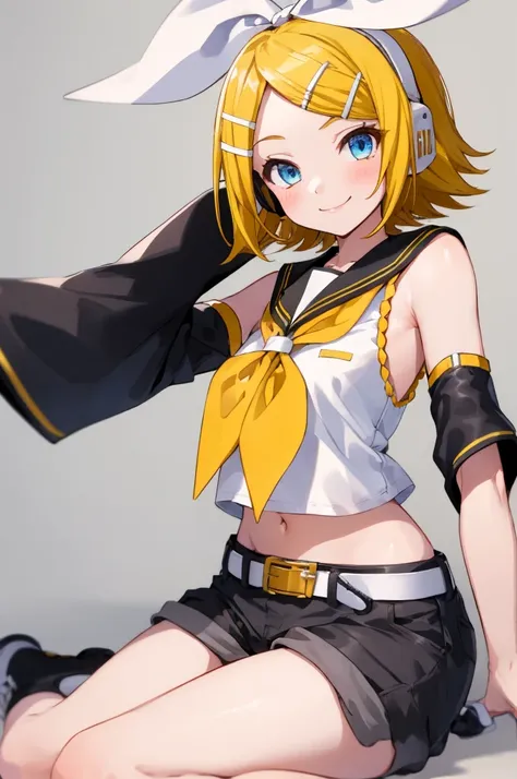 rin kagamine, blonde hair, blue eyes, hair bow, headset, short hair, headphones,
bare shoulders, belt, black sailor collar, blac...