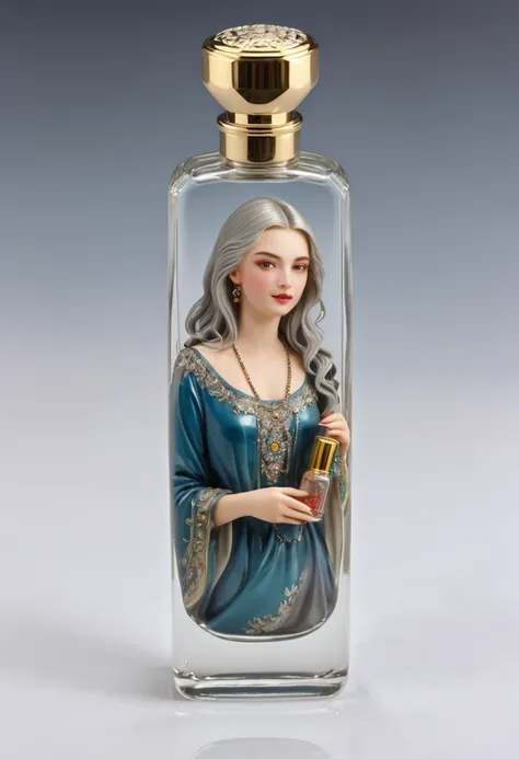 Masterpiece, Highest quality, Miniature, Table size, A Russian girl in her early 20s with ash grey hair, In a perfume bottle, The face is precise(((must)))