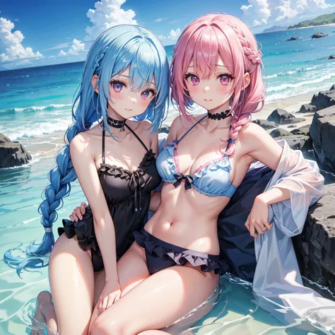 (Sky blue medium hair),(Braided hair tied together)、Pink eyes、Fair skin、(whole body)、(One Girl)、Black frilly swimsuit、Stylish sunglasses、Shining white sand beach in midsummer、Okinawa&#39;s ocean、A big smile、、(masterpiece、Highest quality、Very detailed、Best ...