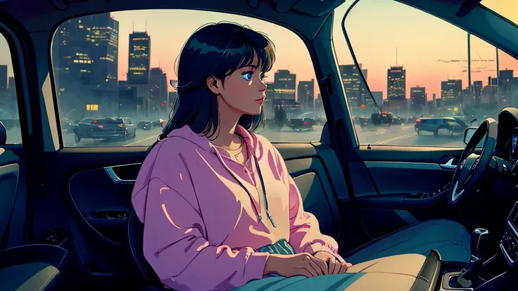 Create an image from the angle inside a car, showing a woman with a thoughtful expression on her face as she gazes out of the side window at the cityscape. The city outside should be visible, illuminated by streetlights and neon signs. Use soft, pastel col...