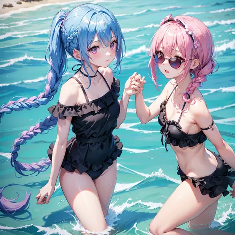 (Sky blue medium hair),(Braided hair tied together)、Pink eyes、Fair skin、(whole body)、(One Girl)、Black frilly swimsuit、Stylish sunglasses、Shining white sand beach in midsummer、Okinawa&#39;s ocean、A big smile、、(masterpiece、Highest quality、Very detailed、Best ...