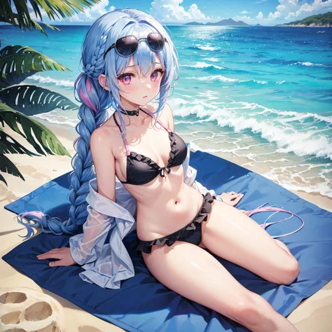 (Sky blue medium hair),(Braided hair tied together)、Pink eyes、Fair skin、(whole body)、(One Girl)、Black frilly swimsuit、Stylish sunglasses、Shining white sand beach in midsummer、Okinawa&#39;s ocean、A big smile、、(masterpiece、Highest quality、Very detailed、Best ...