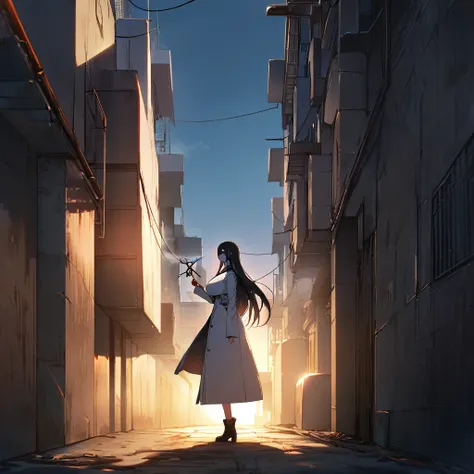 1girl,solo,long hair,black hair color,white mask,White coat,huge breasts,slender,Scissors in hand,high stature,tall person,setting sun,Alley with no people,near