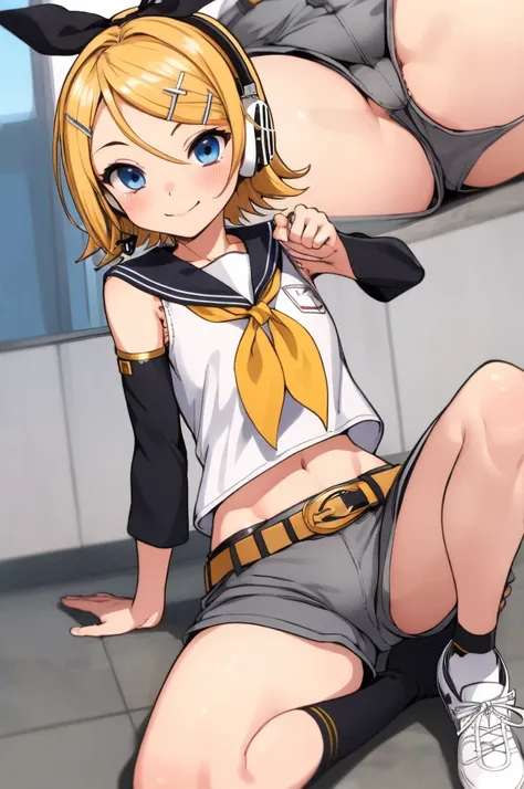 rin kagamine, blonde hair, blue eyes, hair bow, headset, short hair, headphones,
bare shoulders, belt, black sailor collar, black shorts, bow, crop top, detached sleeves, grey legwear, grey shorts, grey sleeves, hair bow, leg warmers, neckerchief, sailor c...