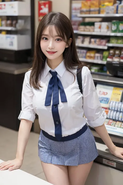 Convenience store clerk cashier , Highest quality, shape, Very detailed, In detail, High resolution, 8k wallpaper, Perfect dynamic composition, Beautiful details,  Natural Lip, Blue and white striped uniform panty shot , Big Breasts, Lawson&#39;s uniform i...