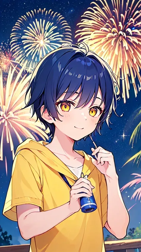 [(Summer background:1.5),::5], ((((masterpiece)))), expensive quality, very_expensive_solve, big_file size, Upper Body, Full Color, ((alone)), ((Little Boy)), 13 years old, Short deep blue hair for men, Bright colors, ((Yellow Eyes)), Summer clothes, white...