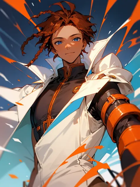 Black skin male  adult orange brown hair dread locks short hair blue eyes Red brownish short heair and white coat normal pose standby staring at front front view bust adult face Sightly smile 