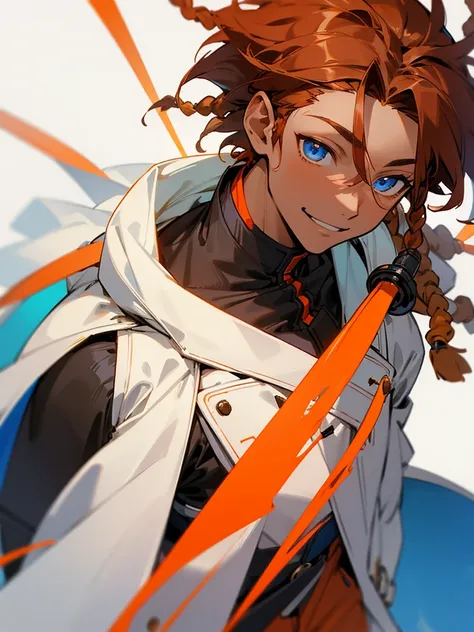 Black skin male  adult orange brown hair dread locks short hair blue eyes Red brownish short heair and white coat normal pose standby staring at front front view bust adult face Sightly smile 