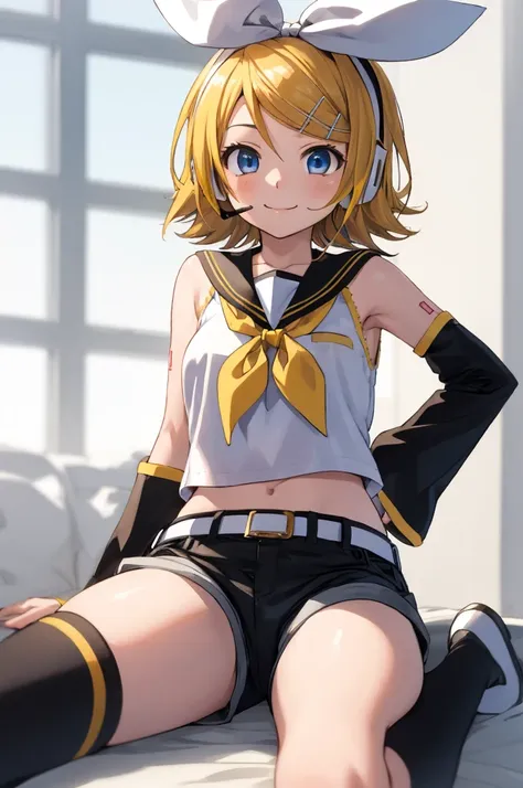 rin kagamine, blonde hair, blue eyes, hair bow, headset, short hair, headphones,
bare shoulders, belt, black sailor collar, blac...