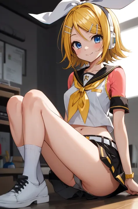 rin kagamine, blonde hair, blue eyes, hair bow, headset, short hair, headphones,
bare shoulders, belt, black sailor collar, black shorts, bow, crop top, detached sleeves, grey legwear, grey shorts, grey sleeves, hair bow, leg warmers, neckerchief, sailor c...