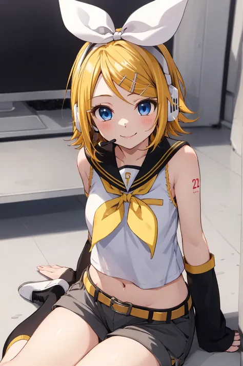 rin kagamine, blonde hair, blue eyes, hair bow, headset, short hair, headphones,
bare shoulders, belt, black sailor collar, blac...