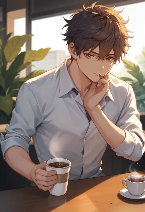 male, A cup filled with freshly brewed coffee, coffee beans scattered around, a shiny reflection on the surface,score_9,score_8_up,source_anime
