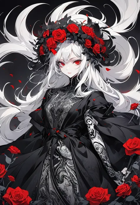 Hand drawn illustrations，Texture Noise，A woman，White long hair，Wearing a black robe with dark patterns，The body is supported by red roses，Strong contrast，Black and White