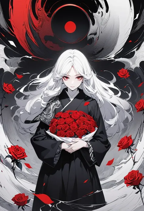 Hand drawn illustrations，Texture Noise，A woman，White long hair，Wearing a black robe with dark patterns，The body is supported by red roses，Strong contrast，Black and White