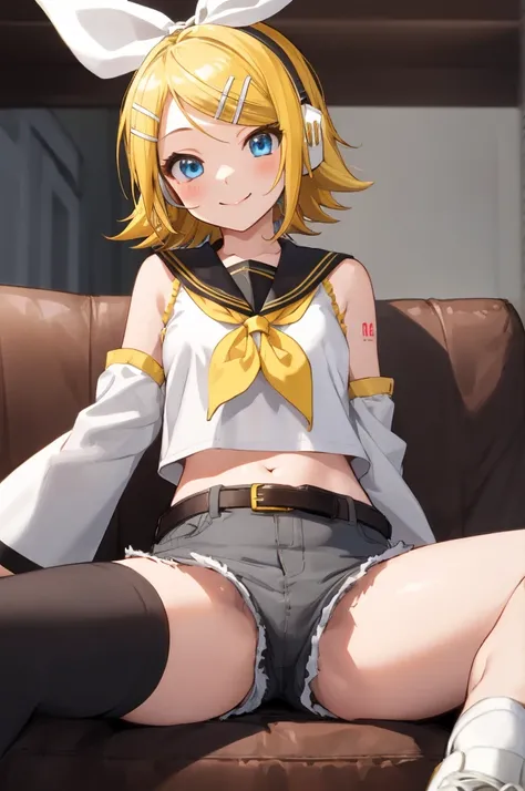 rin kagamine, blonde hair, blue eyes, hair bow, headset, short hair, headphones,
bare shoulders, belt, black sailor collar, black shorts, bow, crop top, detached sleeves, grey legwear, grey shorts, grey sleeves, hair bow, leg warmers, neckerchief, sailor c...