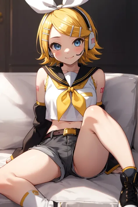 rin kagamine, blonde hair, blue eyes, hair bow, headset, short hair, headphones,
bare shoulders, belt, black sailor collar, black shorts, bow, crop top, detached sleeves, grey legwear, grey shorts, grey sleeves, hair bow, leg warmers, neckerchief, sailor c...