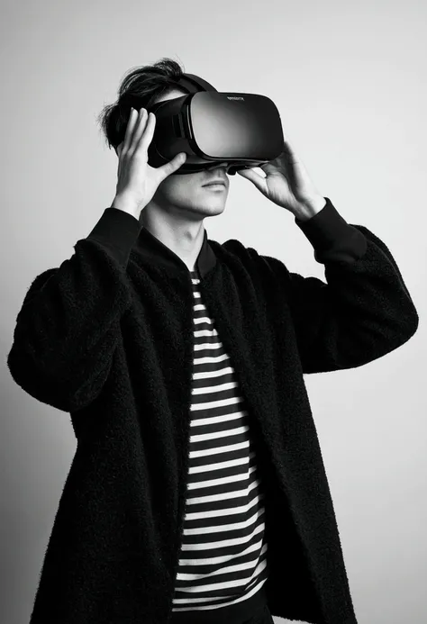 A person wearing a virtual reality headset and a complex，Black and white photo album cover，Minimalist fuzzy style