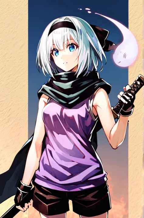 1girl, solo, konpaku youmu, konpaku youmu (ghost), white hair, short hair, katana, alternate costume, hairband, blue eyes, black hairband, scarf, fingerless gloves, ribbon, gloves, shorts, hitodama, hair ribbon, upper body,