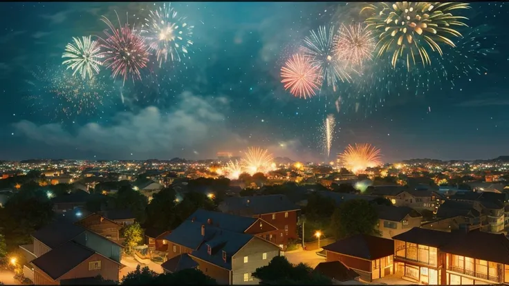 Scenery of a fireworks display in a rural town、Studio Ghibli、Ghibli-style anime、Ghibli Art